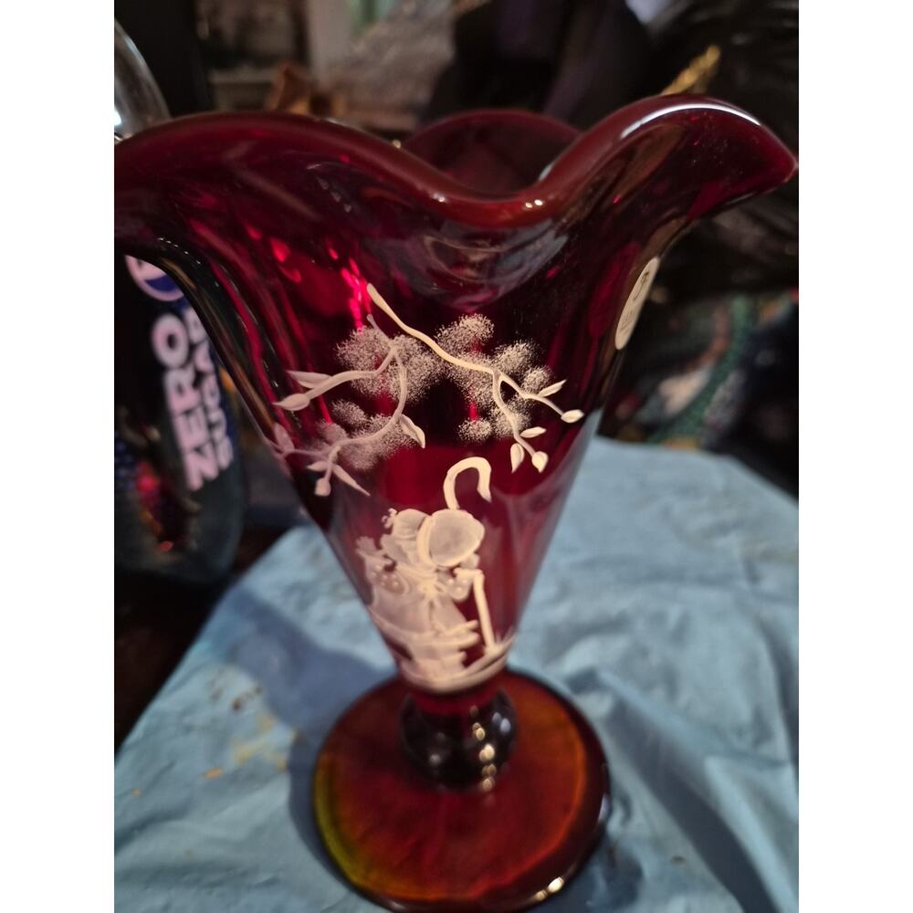 Fenton Mary Gregory Vase Hand Painted Signed Ruffle 8” Tall 6” Across Ruby Red
